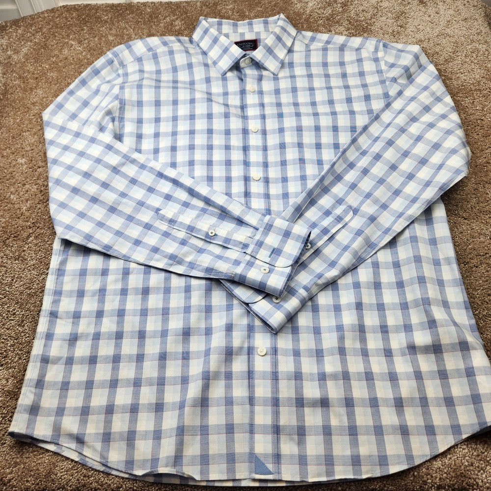 Untuckit Mens XL Slim Fit Wrinkle Free Blue White Plaid Cotton Button Down Shirt - Picture 3 of 5